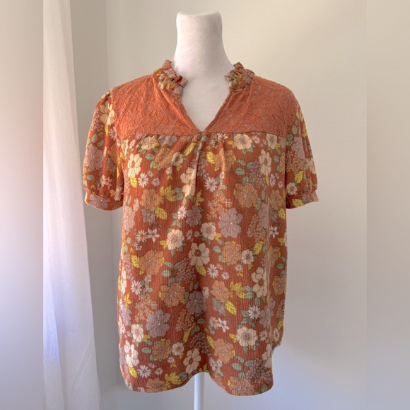 Faith and Joy Orange Floral Print Short Sleeve Blouse - Picture 1 of 9
